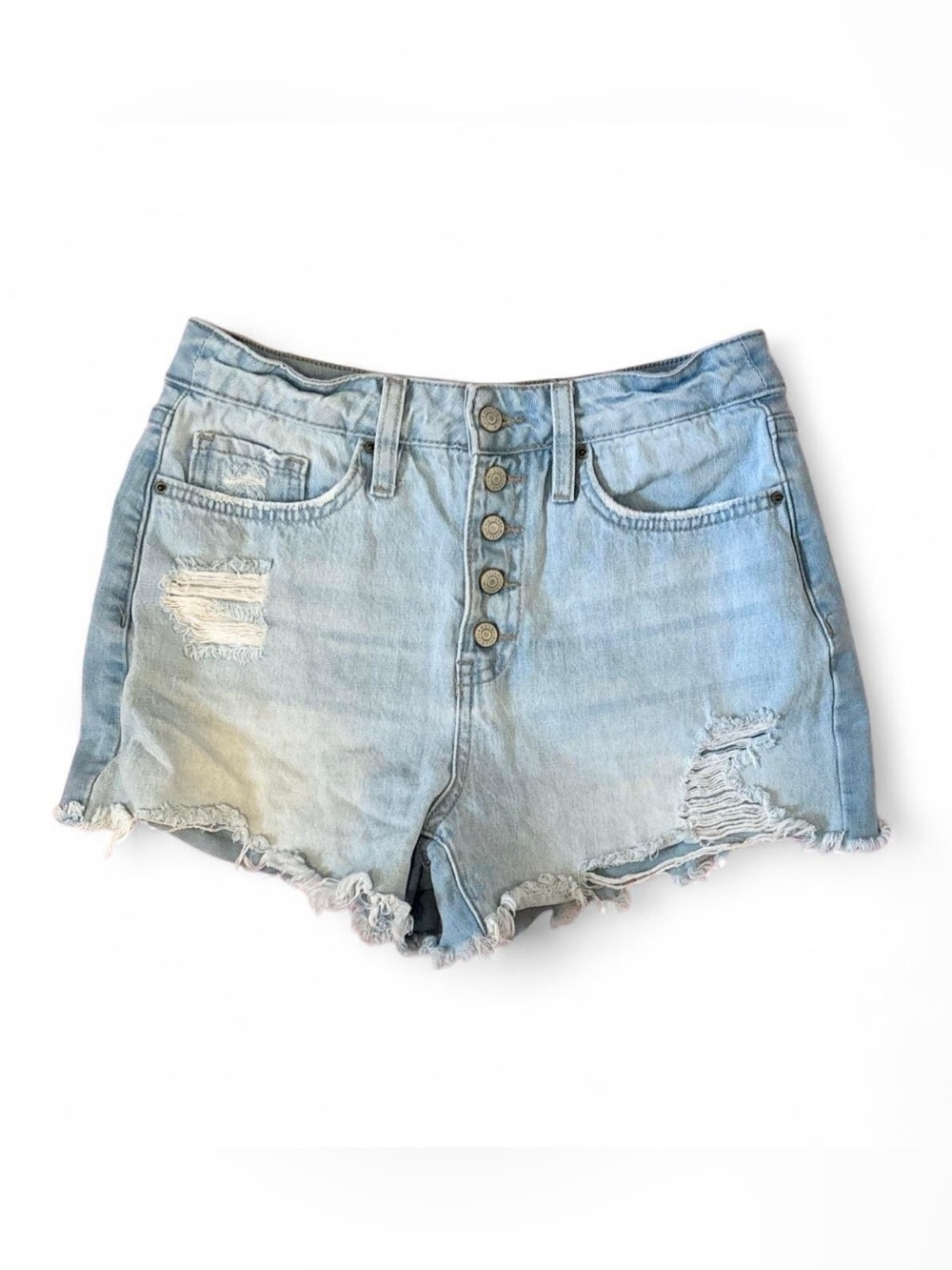 High Rise Light Washed Riped Button Down YMI Denim Shorts